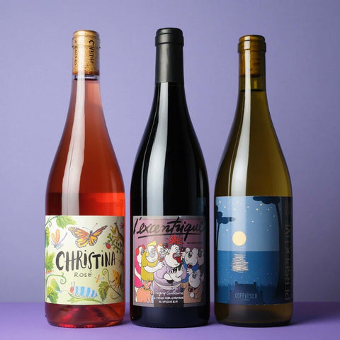 Product photo of three bottles for Mixed Natural Wine Club, the best natural wine club in the United Kingdom, curated by Primal Wine, an online wine store based in London and Los Angeles.