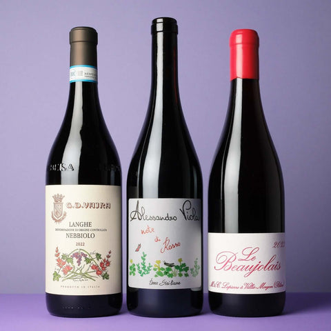 Product photo of three bottles for Red Natural Wine Club, the best natural wine club in the United Kingdom, curated by Primal Wine, an online wine store based in London and Los Angeles.