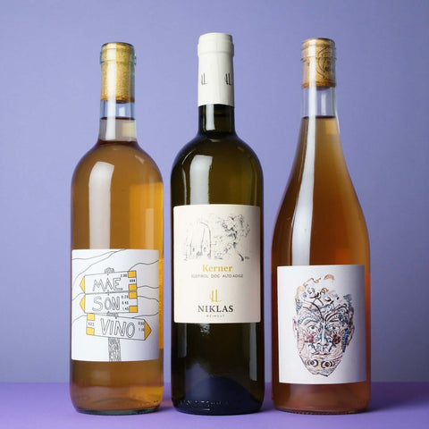 Product photo of three bottles for White Natural Wine Club, the best natural wine club in the United Kingdom, curated by Primal Wine, an online wine store based in London and Los Angeles.